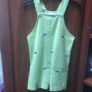 Green seer sucker smock with blue fish